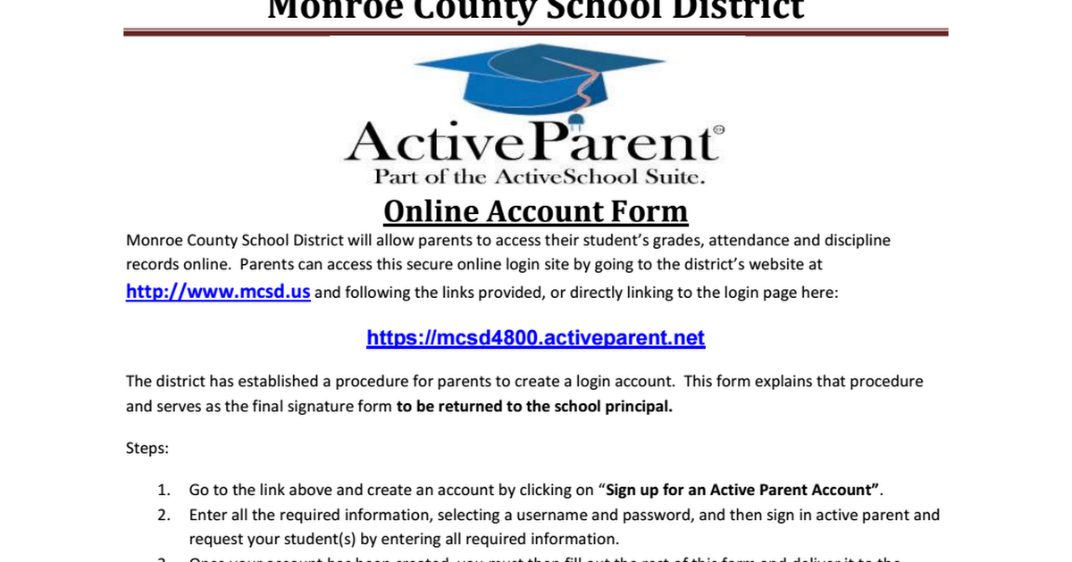 In een mededeling van het Monroe County School District staan instructies voor ouders om een ActiveParent-onlineaccount aan te maken om toegang te krijgen tot leerlinggegevens.