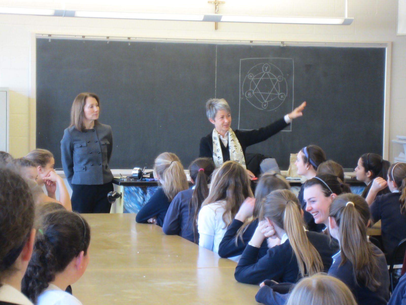 Een docente geeft les en maakt gebaren terwijl ze spreekt tot een groep vrouwelijke studentes die aan tafels zitten; een andere docente staat iets verderop voor een schoolbord en kijkt toe.