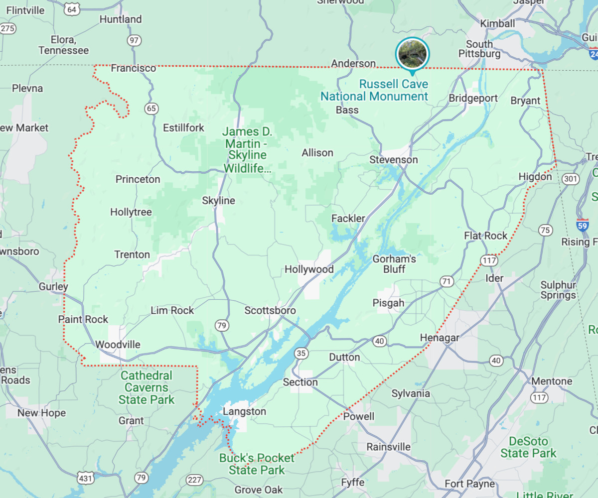 Een kaart van Jackson County in Alabama, USA