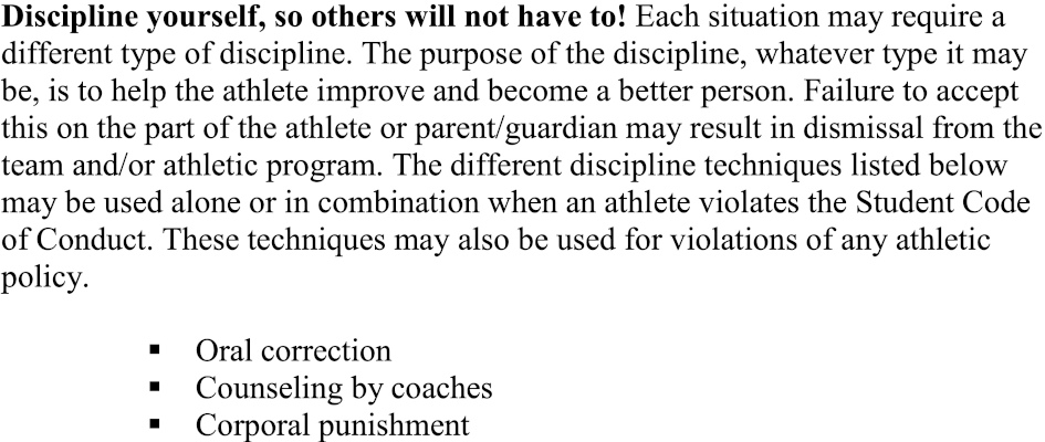 Een fragment van de Athletic Department Policies, Buna High School.