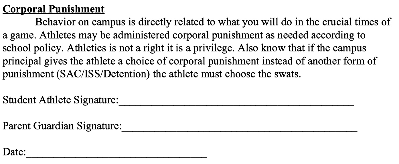 De Code of conduct for athletes, Harleton ISD, sinds 2019.