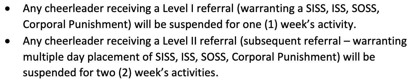 Een fragment uit het extra-curricular handbook van de Mathis ISD over cheerleaders.