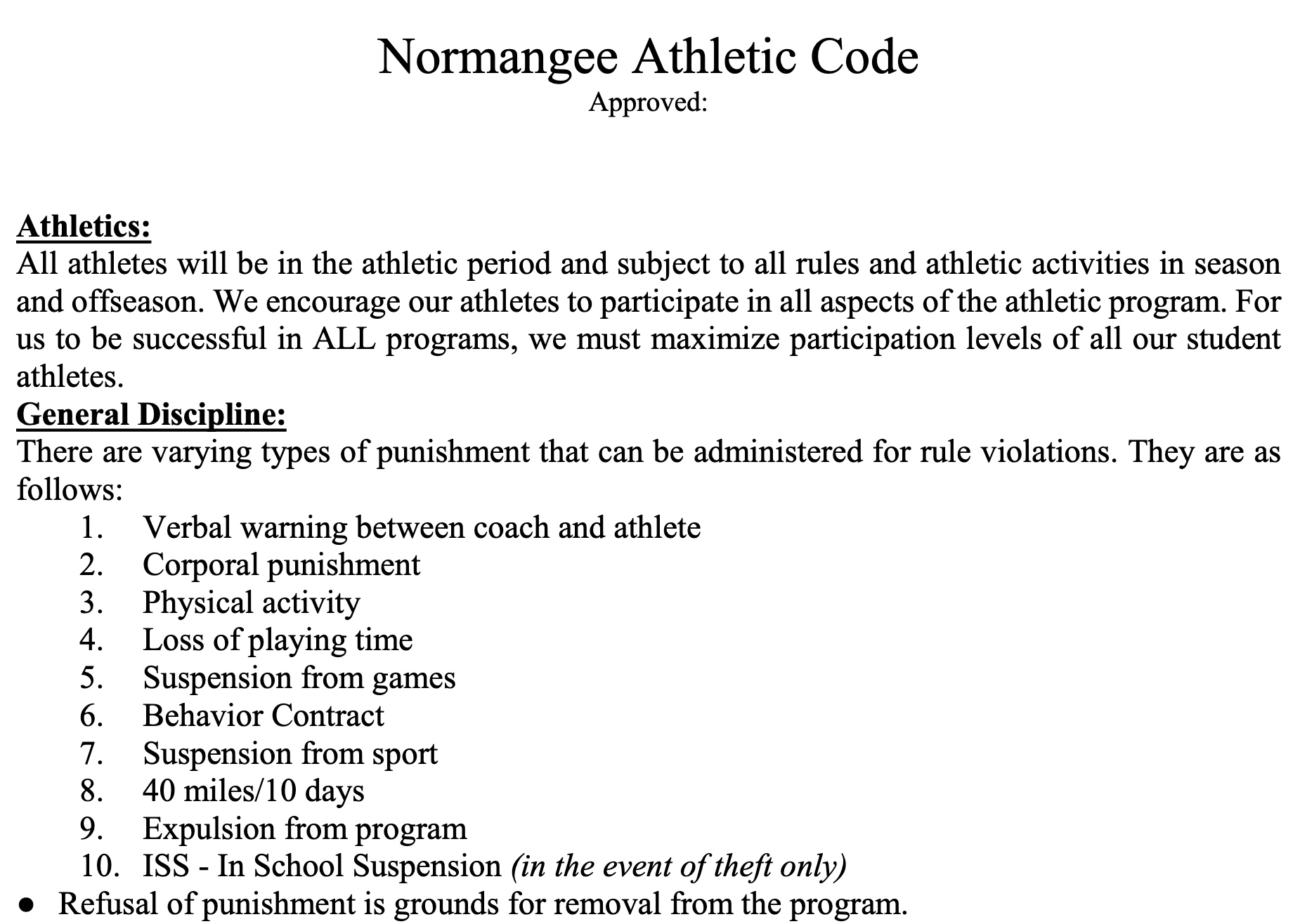 Uit de Normangee Athletic code blijkt dat na een waarschuwing een pak op de billen de eerstvolgende disciplinaire maatregel is.