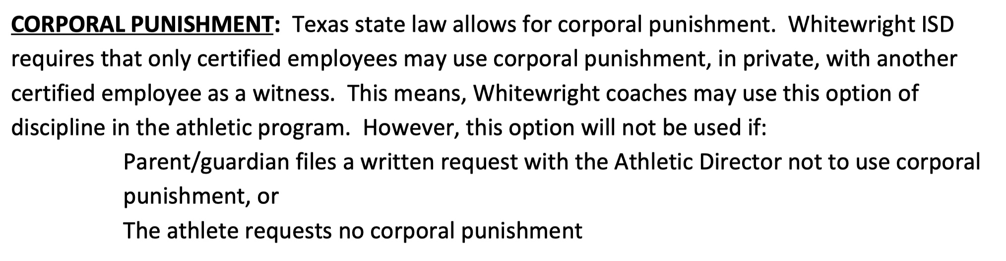 Fragment uit het Athletic Handbook 2019/20 van de Whitewright High School.