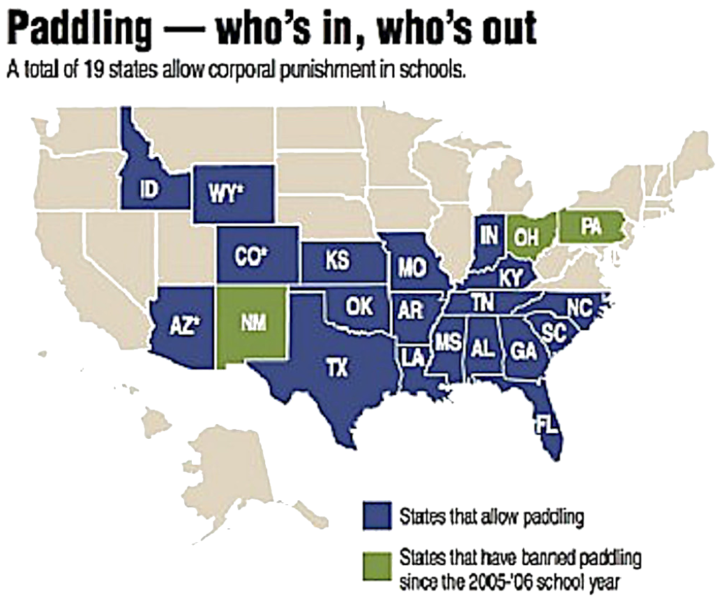 Een kaartje met staten in USA waar lijfstraf op scholen is toegestaan.