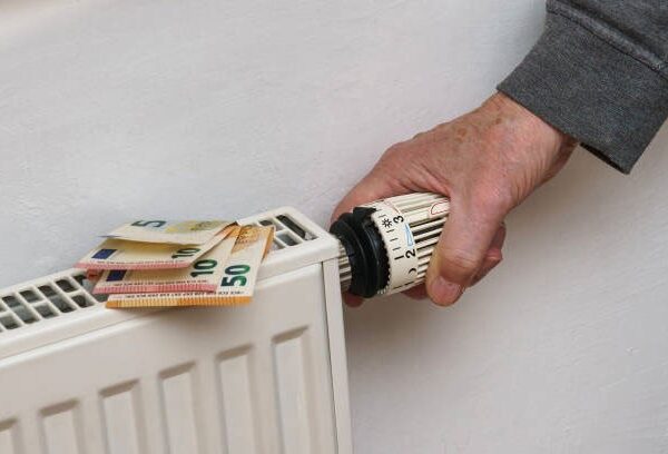 Een hand stelt een radiatorthermostaat af met eurobankbiljetten bovenop de radiator.