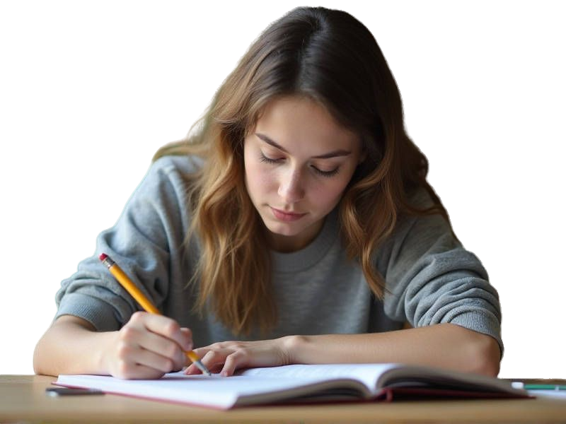 Een jonge vrouw met lang haar zit aan een tafel, schrijft met een potlood in een notitieblok, geconcentreerd op haar werk en overzicht creërend in haar aantekeningen.