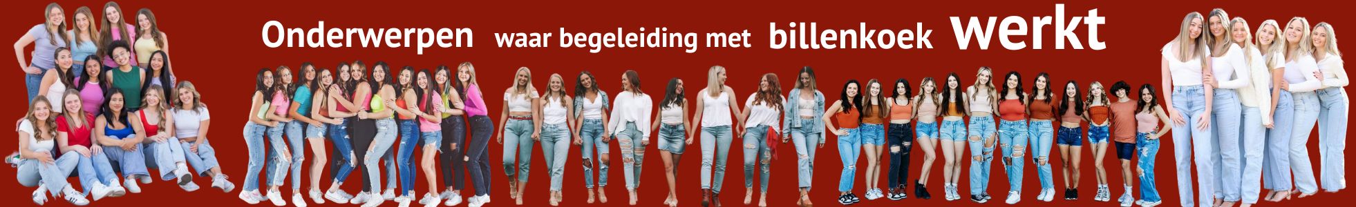 Een groep vrouwen in casual outfits staat in rijen tegen een rode achtergrond met het opschrift Onderwerpen waar begeleiding met billenkoek werkt