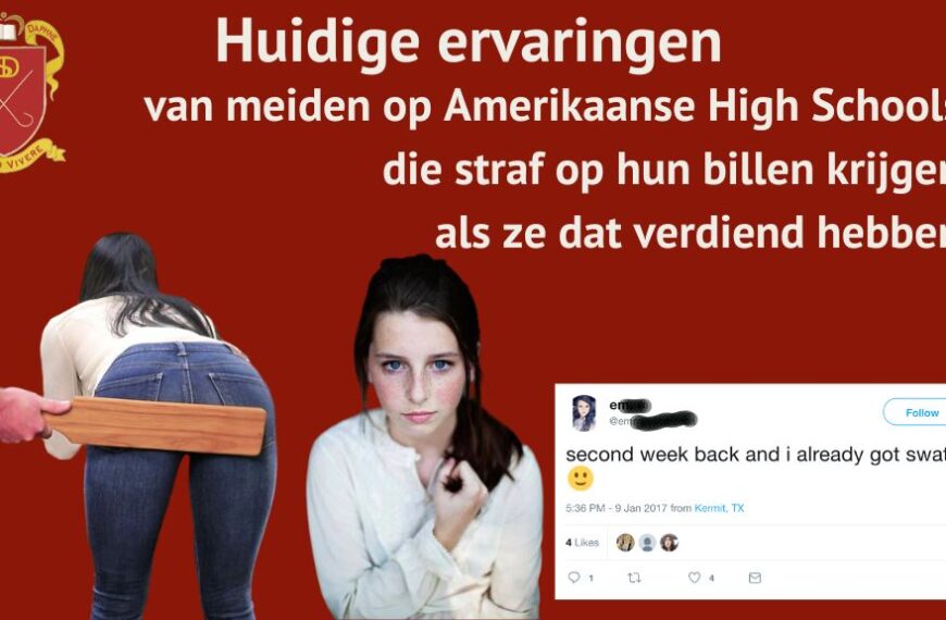Een collage met Nederlandse tekst over lijfstraffen op Amerikaanse middelbare scholen, met een meisje dat billenkoek krijgt, een verdrietig meisje en een tweet waarin huidige ervaringen met meppen worden genoemd.