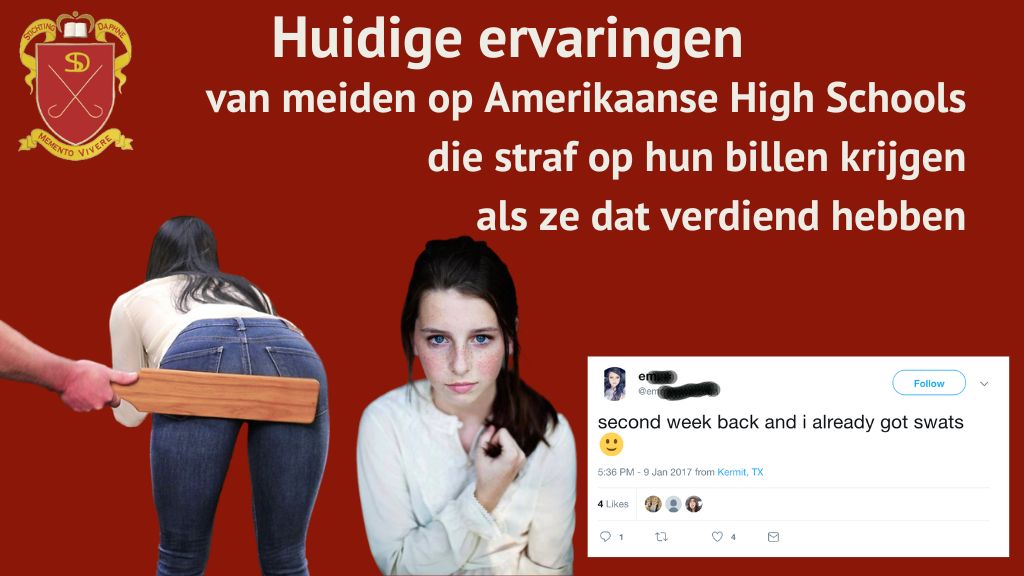 Een collage met Nederlandse tekst over lijfstraffen op Amerikaanse middelbare scholen, met een meisje dat billenkoek krijgt, een verdrietig meisje en een tweet waarin huidige ervaringen met meppen worden genoemd.